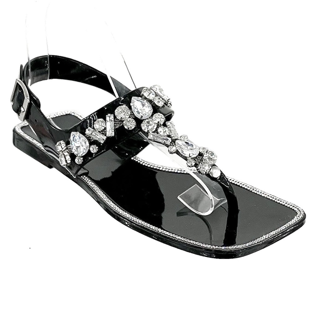 New Black Clear Jewel Rhinestone Jelly Thong Sandals